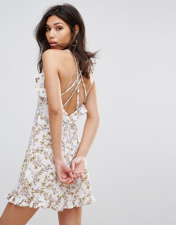 Prettylittlething Printed Frill Strappy Swing Dress - White