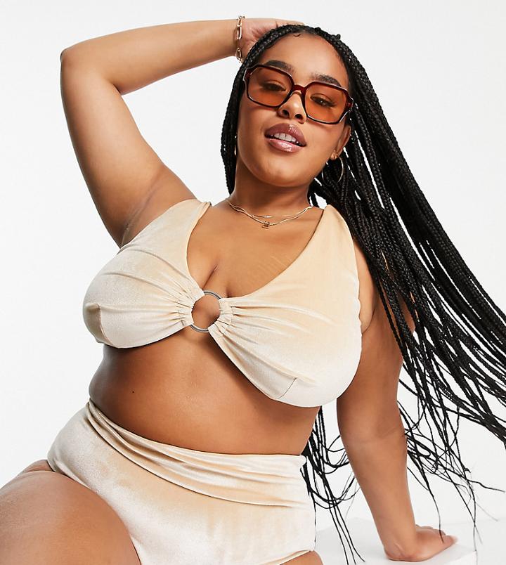 Asos Design Curve Ring Crop Bikini Top In Champagne Velvet-neutral