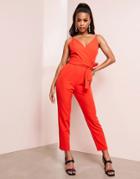 Asos Design Wrap Front Jumpsuit With Peg Leg And Self Belt In Tomato Red