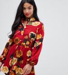 Parisian Petite Floral Print Colarless Shirt Dress - Red