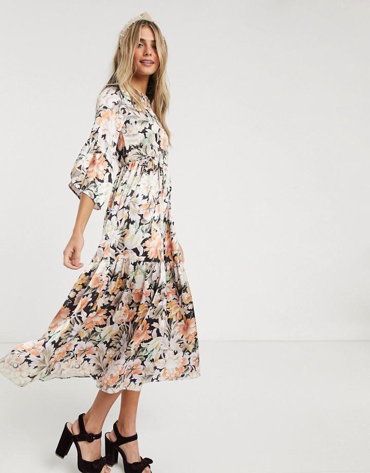 Hope & Ivy Ditsy Maxi Dress With Kimono Ruffle Sleeve-multi