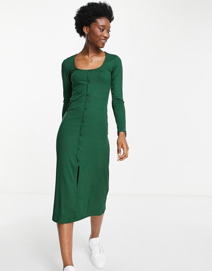 Stradivarius Ribbed Button Detail Midi Dress In Khaki-green