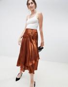 Asos Design Satin Midi Skirt With Self Buttons - Brown