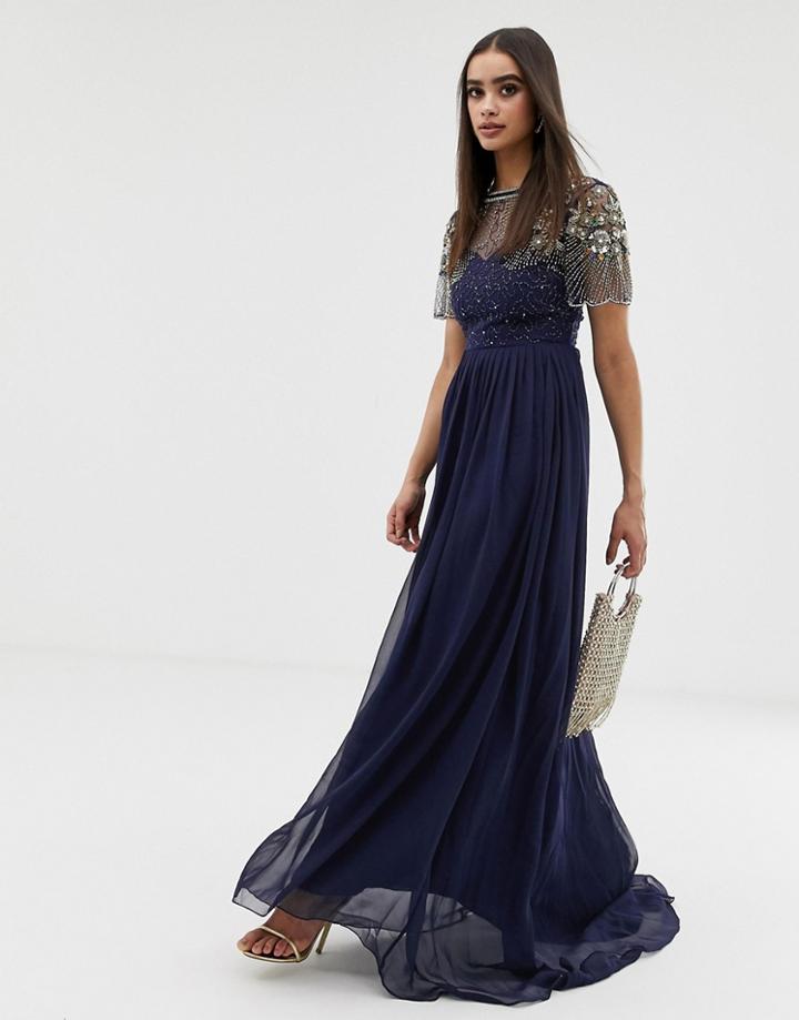 Virgos Lounge Sheer Embellished Flutter Sleeve Maxi Dress In Navy - Pink