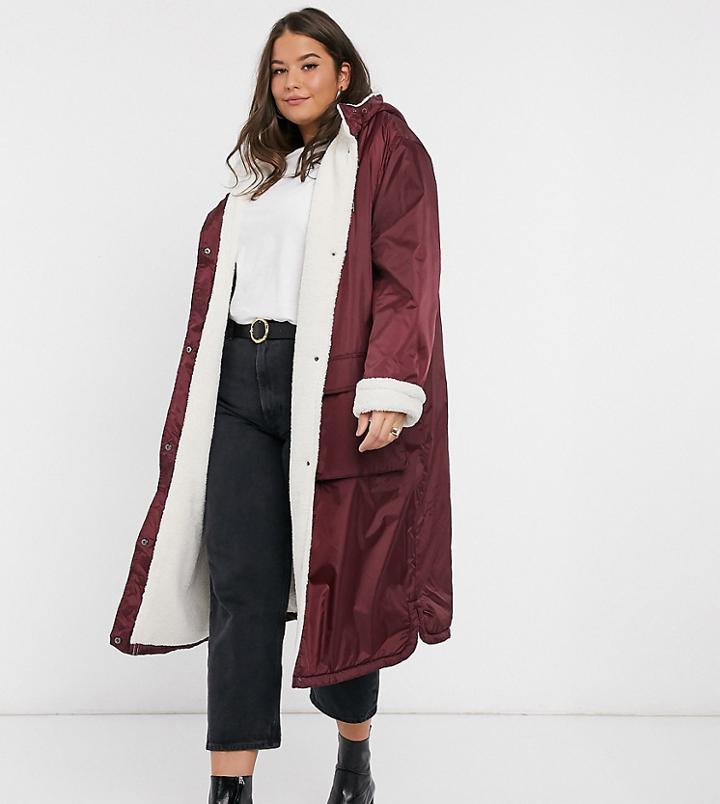 Asos Design Curve Borg Lined Maxi Raincoat In Burgundy-red