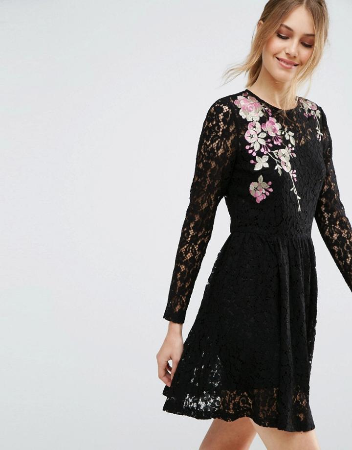 Asos All Over Lace Mini Dress With Floral Embroidery - Black
