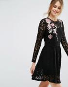 Asos All Over Lace Mini Dress With Floral Embroidery - Black