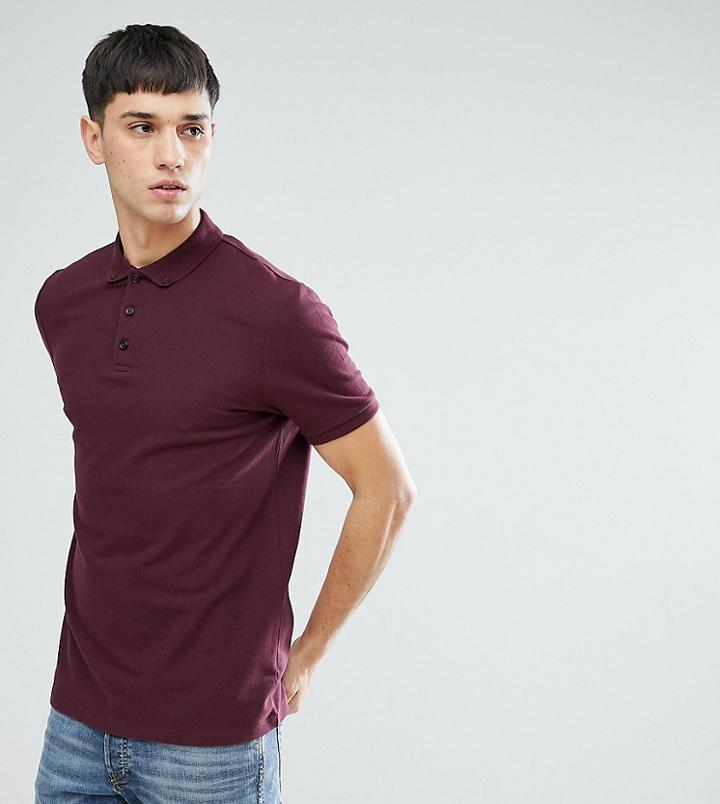 Asos Tall Pique Polo With Button Down Collar - Red