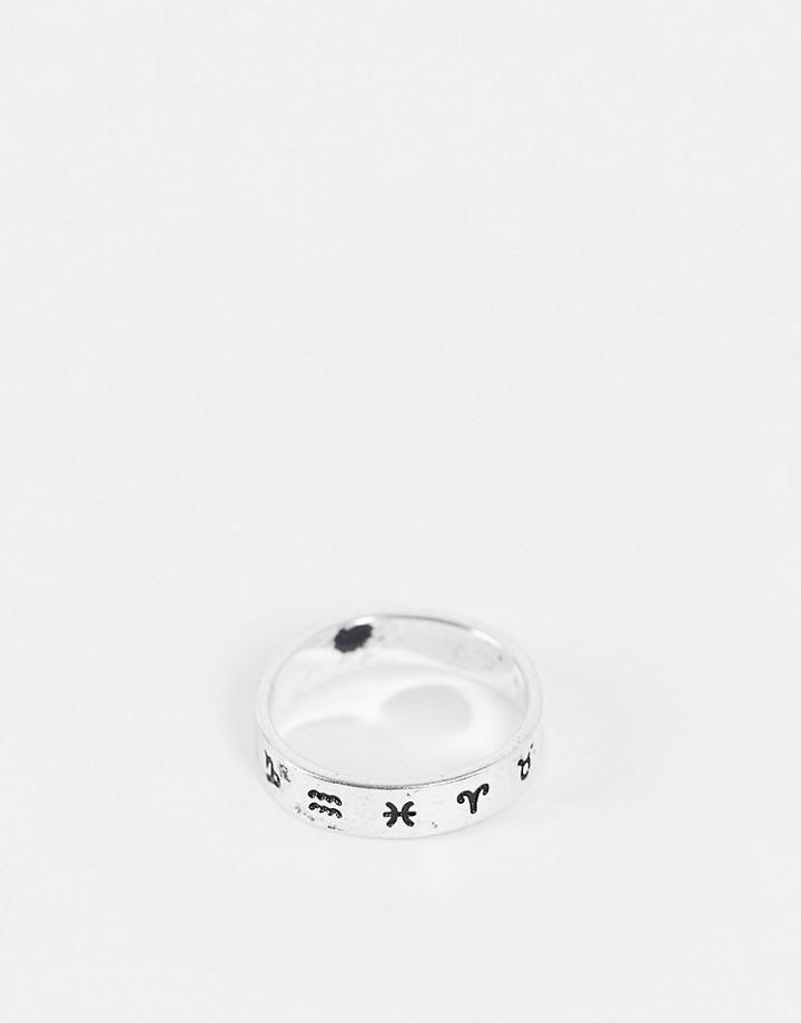 Asos Design Band Ring With Zodiac Design In Burnished Silver Tone