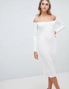 Missguided Bardot Ribbed Midi Dress - White