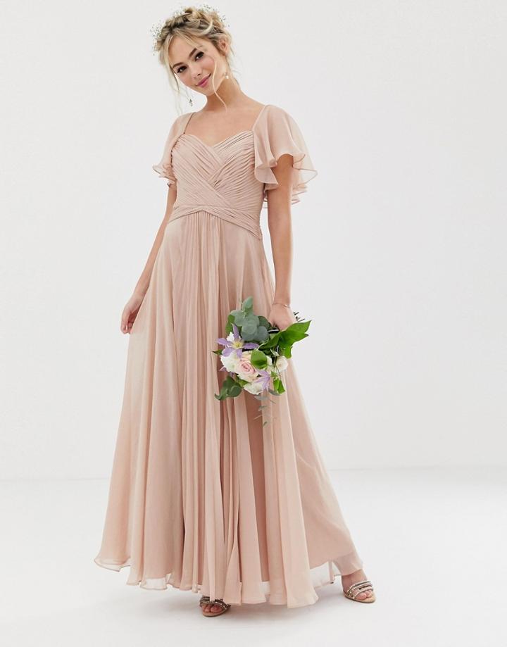 Asos Design Bridesmaid Pleated Bodice Maxi Dress With Flutter Sleeve-pink