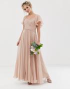 Asos Design Bridesmaid Pleated Bodice Maxi Dress With Flutter Sleeve-pink