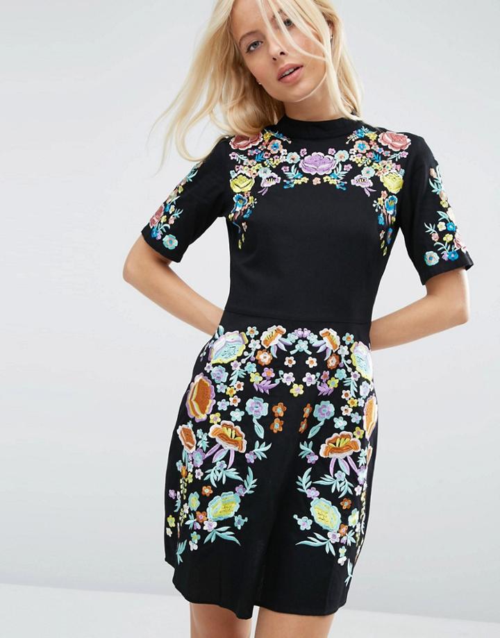 Asos Premium Mini Embroidered Dress - Black