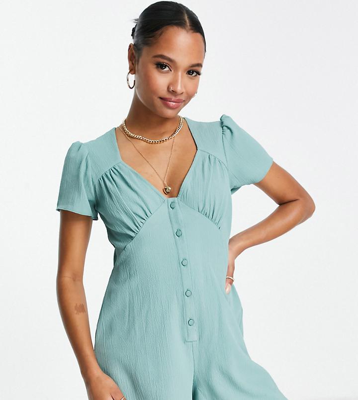 Asos Design Petite Bubble Crepe Cap Sleeve Tea Button Front Romper In Sage-green