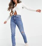 Stradivarius Tall Slim Mom Jean With Stretch And Rip In Medium Blue-blues