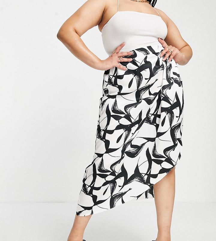 River Island Plus Abstract Print Twist Front Midi Skirt In White