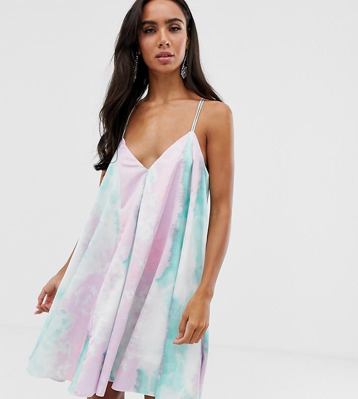Asos Design Mini Trapeze Dress In Tie Dye Satin - Multi
