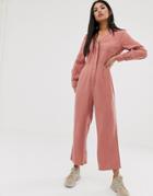 Asos Design Denim Soft Drape Jumpsuit With Longsleeve In Terracotta-brown