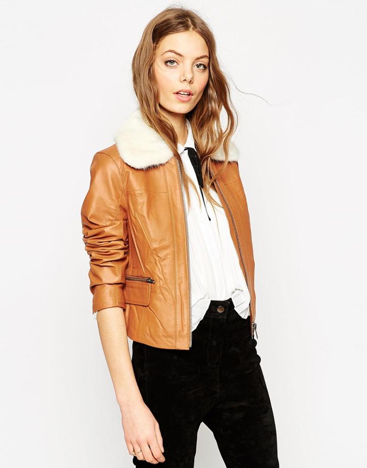 Asos Leather Biker Jacket With Faux Fur Collar - Tan
