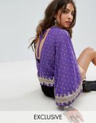 Sacred Hawk Open Back Top With Wide Sleeves And Gold Print - Purple