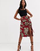 Outrageous Fortune Ruched Front Midi Skirt In Contrast Leopard Print-multi
