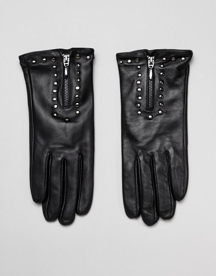 Barney's Originals Real Leather Gloves With Zip And Studs - Black
