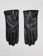 Barney's Originals Real Leather Gloves With Zip And Studs - Black