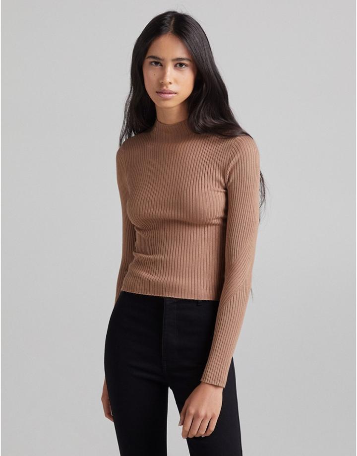 Bershka Ribbed High Neck Neck Sweater In Brown