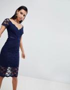 Asos All Over Lace Pencil Midi Dress - Navy