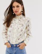 Asos Design Long Sleeve Shirt With Ruffle Detail In Vintage Floral-multi