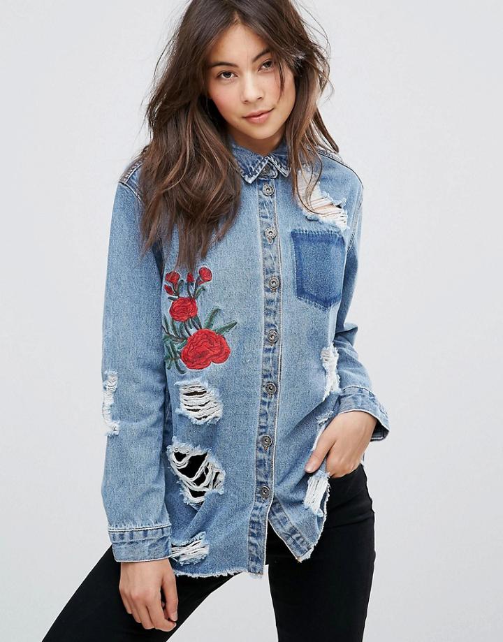 Only Embroidered Shirt With Rips - Blue