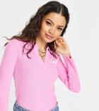 Asos Design Petite Ribbed Sweater With Collar And Badge In Pink