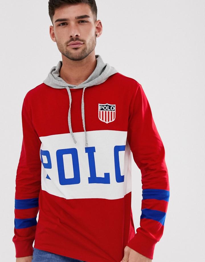 Polo Ralph Lauren Sports Large Logo Long Sleeve Hooded Top Custom Regular Fit In Red