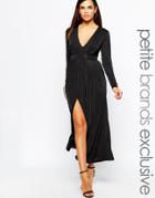 Lipstick Boutique Petite 70's Plunge Neck Maxi Dress With Double Splits - Black