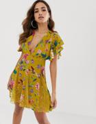 Asos Design Mini Dress With Godet Lace Inserts In Yellow Floral Print - Multi