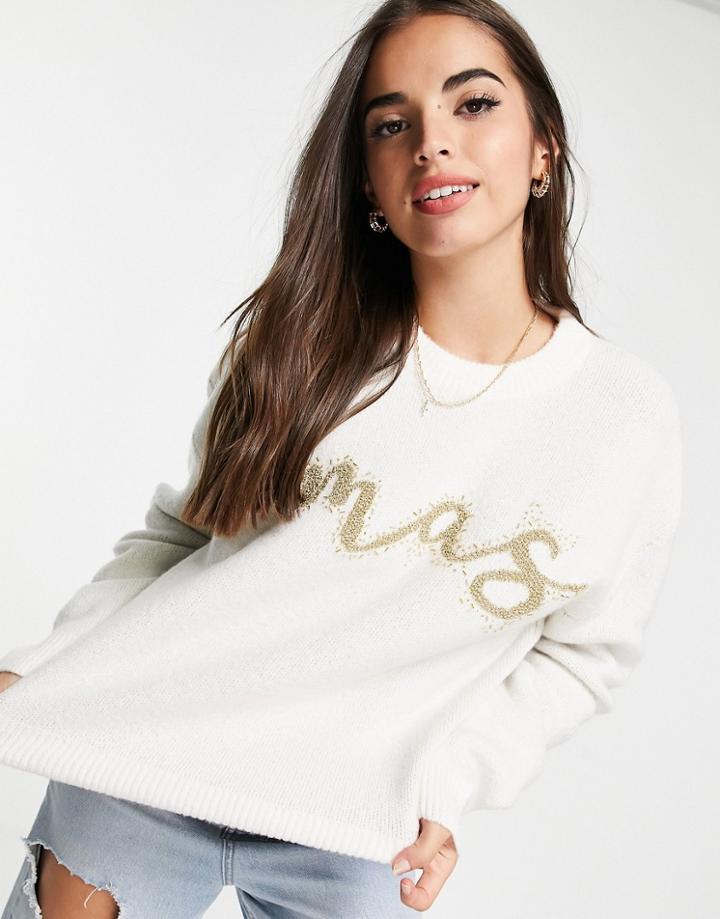Asos Design Christmas Sweater With Embellished Xmas Logo-white