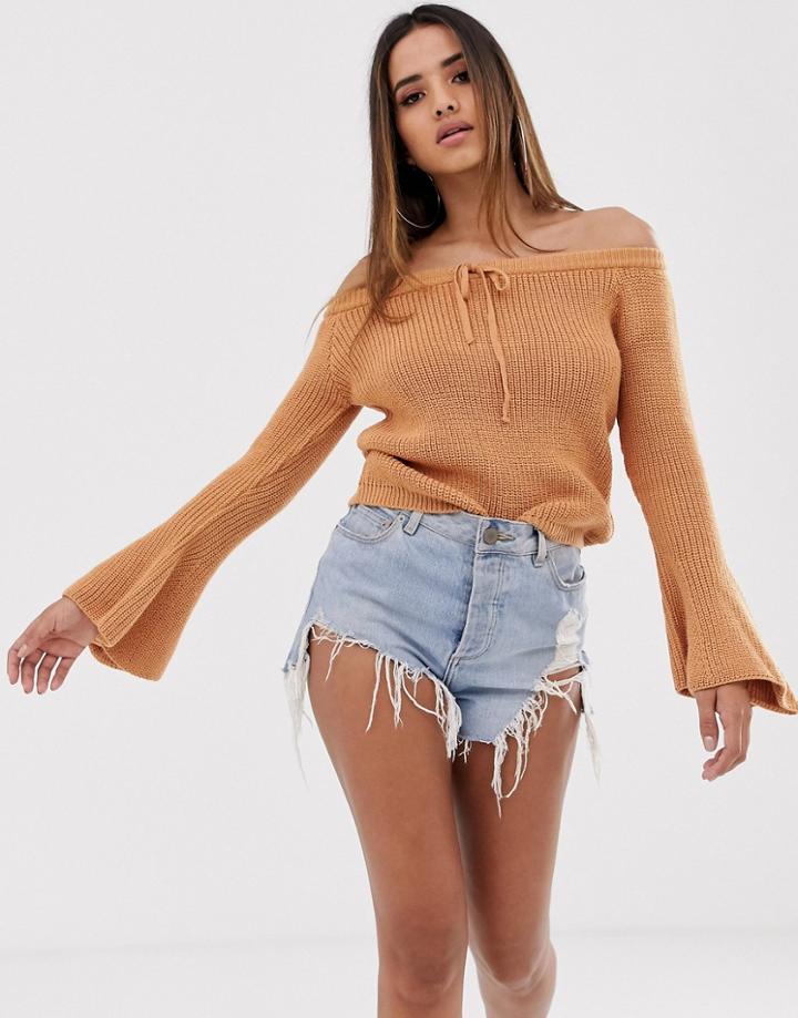 Asos Design Off Shoulder Sweater With Flared Sleeve-beige