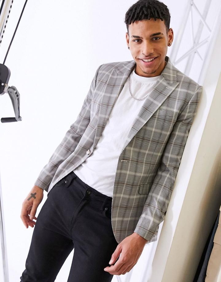 Topman Skinny Single Breasted Suit Jacket In Gray Check-grey