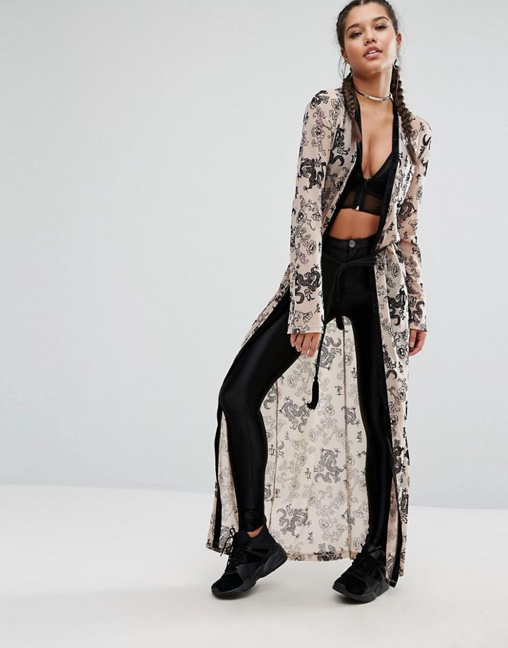 Jaded London Mesh Maxi Kimono With Dragon Flocking & Tassel Belt Co-or