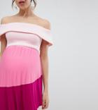 Asos Design Maternity Scuba Bardot Color Block Pleated Midi Dress - Pink