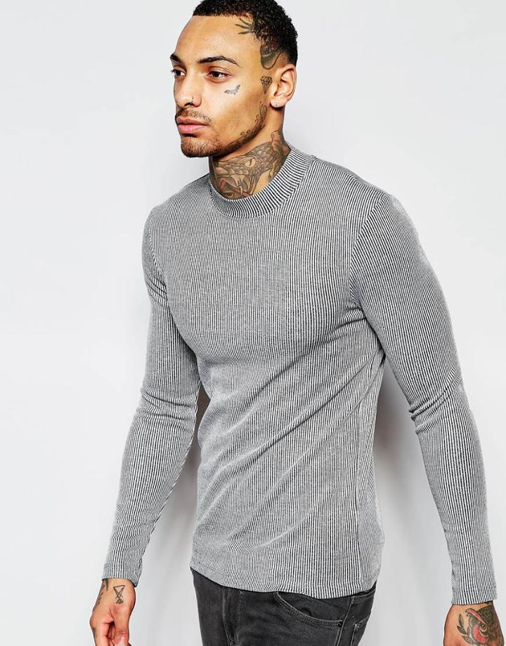Asos Extreme Muscle Rib Long Sleeve T-shirt With Turtleneck - Gray