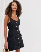 Asos Design Denim Button Pinafore Mini Dress In Black - Blue