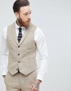 Asos Slim Suit Vest In 100% Wool Harris Tweed In Taupe Herringbone - Gray