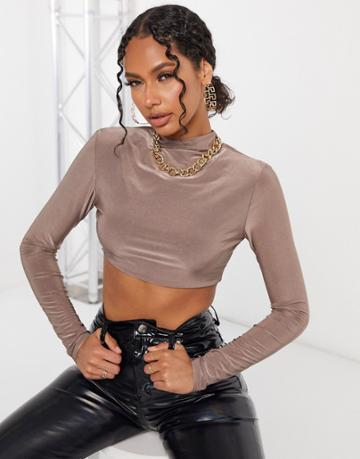 Club L London Slinky Long Sleeve Crop Top In Taupe - Part Of A Set-pink