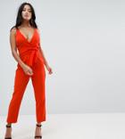 Asos Petite Wrap Jumpsuit With Peg Leg And Self Belt - Red