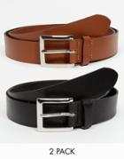 Asos Smart Leather Belt In Black/tan 2 Pack Save 17%