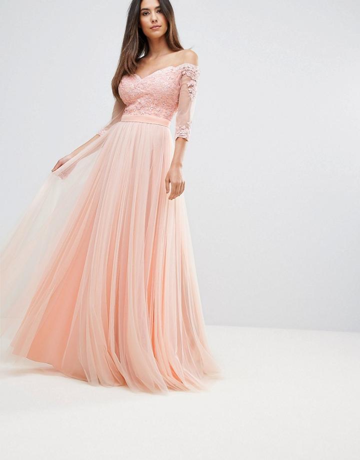 Forever Unique Bridesmaid Bardot 3/4 Sleeve Maxi Dress - Pink