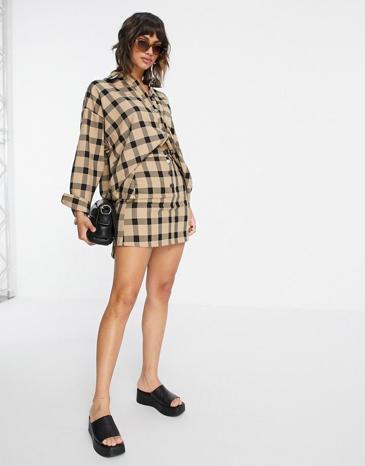 Asos Design Mini Skirt In Tan And Black Plaid Print - Part Of A Set-multi