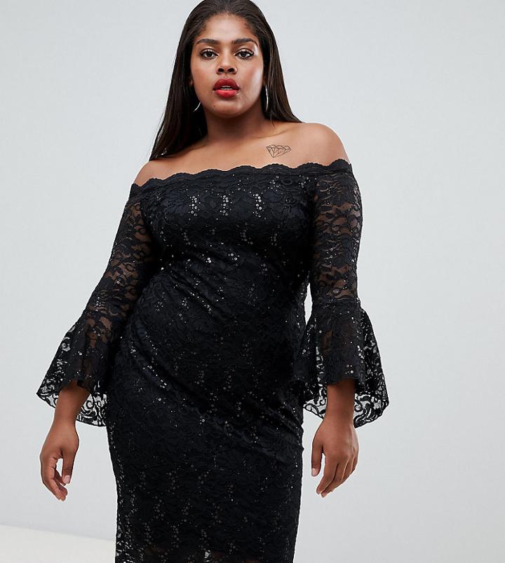 Flounce London Plus Bardot Lace Midi Dress With Fluted Sleeves In Black - Black