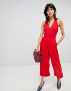 Warehouse Jumpsuit With V Neck In Red - Red